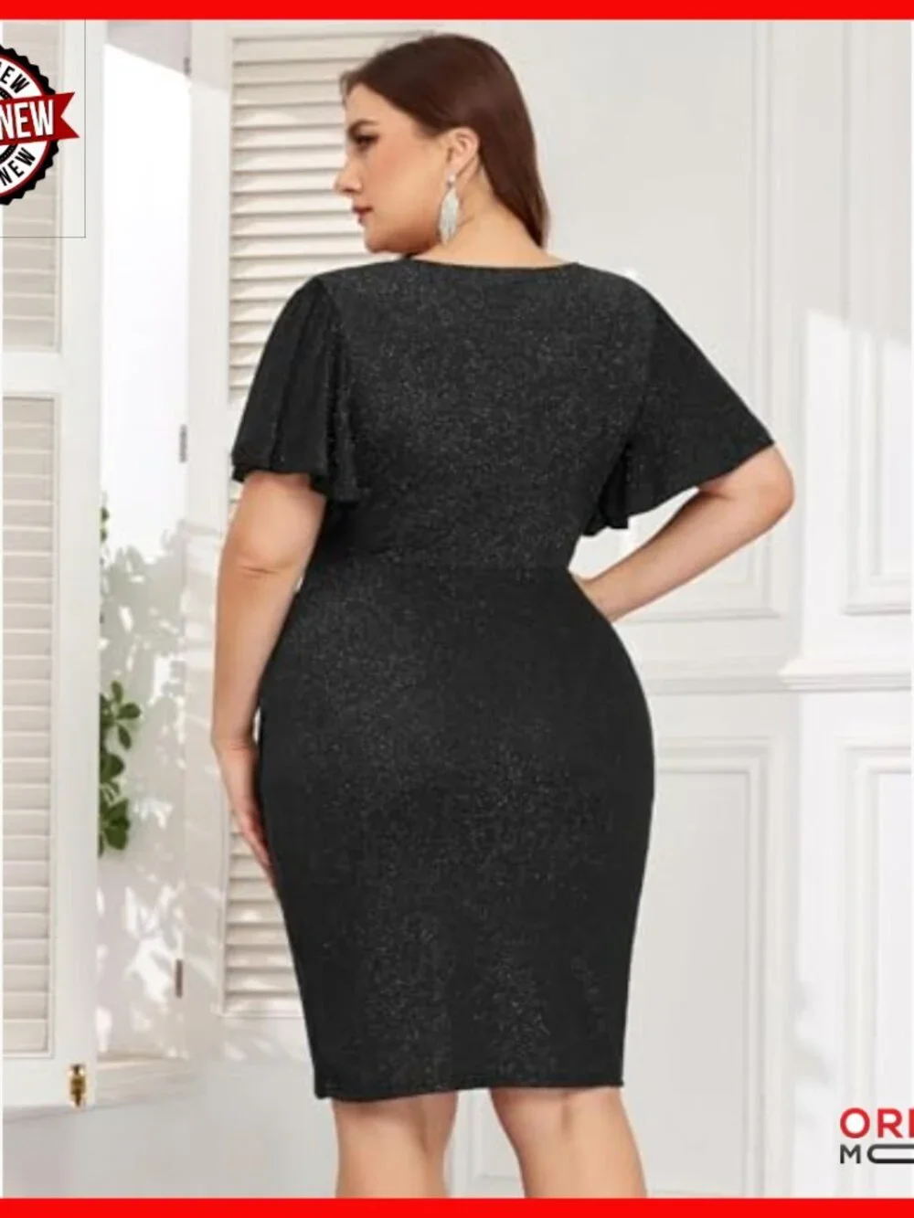 Plus Size Glitter Ruched Bodycon Mini Dress with Ruffle Sleeves Cocktail Party
